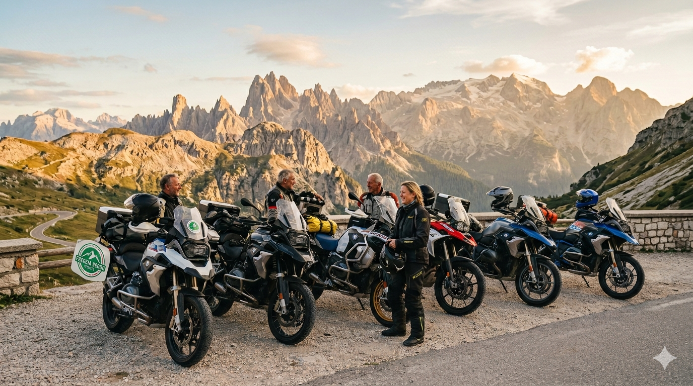 Gruppo di motociclisti in moto tour organizzato Freccia Verde Events su passo delle Dolomiti al tramonto, BMW GS adventure